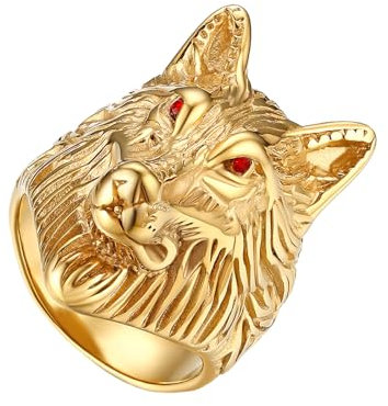 JewelryWe Ring Herren Wolf Kopf: Gold Edelstahl Wolfskopf Herrenring mit roten Augen Gothic Biker Rocker Männer Band Bandring mit Gravur Größe 57