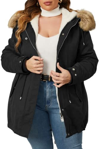 Geschallino Women's Plus Size 3-in-1 Winter Jacket Faux Fur Lined Thicken Parka Coat Warm Military Style Casual Outerwear with Zip Remove Inner 7626 Black 3X