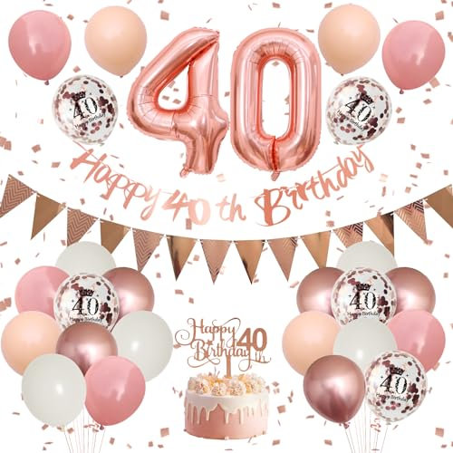 40th Birthday Decorations Retro Pink Rose Gold,40th Birthday Balloons,Happy 40th Birthday Banner with Cake Toppers Rose Gold Number 40 Balloons Confetti Balloons for Women Birthday Party Decorations