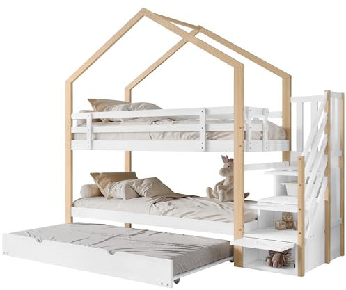 Azkoeesy Litera Infantil en Forma de casa con Cama Nido, Escalera, 4 cajones, somier, Cama para 3 niños, 90 x 200 cm, 90 x 190 cm, máx. 100 kg