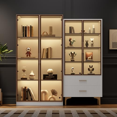 Merax Glasvitrine mit LED Beleuchtung, Zweiteiliges Vitrinen-Set, Vitrinenschrank Weiß, Sammlervitrine mit verstellbaren Einlegeböden, 2 Schublade, Modernes Bücherschrank Standvitrine Büroschrank