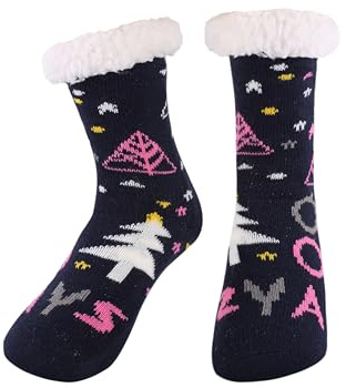 HERYEBING Kids Slipper Socks Boys Girls Warm Soft Winter Thermal Thicken Fleece Fuzzy Non-Skid Children Home Bed Christmas Socks Navy Christmas Tree 5-8 Years (M)