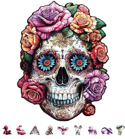 GLOBLELAND 200Pcs Halloween Flower Skeleton Wooden Jigsaw Puzzles for Adults 280x366mm/11x14.4inch Colorful Day of The Dead Wood Puzzles for Halloween
