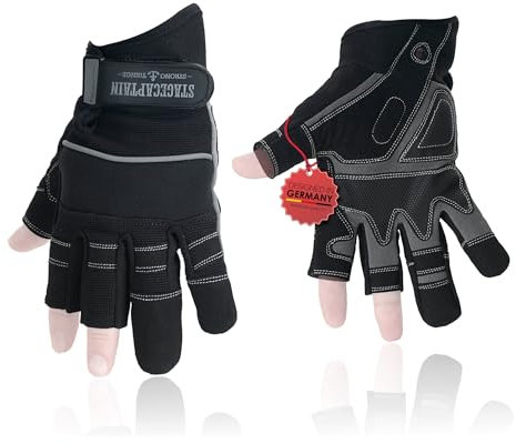 Stagecaptain RGL-2F Rigger Handschuhe 3x Set - Arbeitshandschuhe für Herren - Größe M - 3 kurze Finger und Innenfläche aus Kunstleder - Aufgesetzte Verstärkungen - Schwarz/Grau