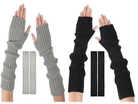 tintoke 2 Stück Armstulpen Damen,armstulpen damen winter,Fingerlose Handschuhe Gestrickte,armstulpen damen strick,armstulpen damen baumwolle,Geeignet für Männer und Frauen im Winter (schwarz, grau)
