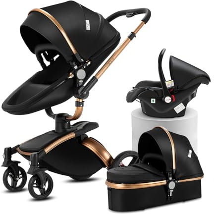 Doraystar 360° Drehung PU-Leder Kinderwagen 3 in 1, Kombikinderwagen 3 in 1 mit Zwei Umkehrbaren Schiebemodi, Kinderwagen Komplettset mit Ein-Klick-Faltdesign, Rahmen Aluminiumlegierung (906 Black)