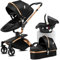 Doraystar 360° Rotazione Pelle PU Passeggino 3 in 1, Passeggino Trio con Design Pieghevole in Un Clic, Trio Passeggino Neonati con Grande Nacelle Comoda, Trio Neonato con Telaio Alluminio (906 Black)