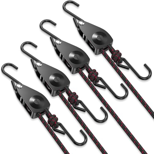 VIPARSPECTRA Ratchet Tie Down Straps, 1/4 Adjustable Rope Hangers [4 Pack, 12FT, 150 lbs/Pack], Heavy Duty Kayak Pulley System with Hooks for Garage Cargo Trucks Tents Grow Lights Various Lashing