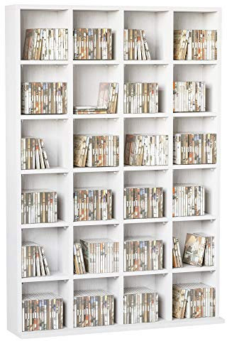 HOMCOM CD- und DVD-Aufbewahrung, Multimedia-Aufbewahrungsmöbel mit 24 Fächern, Kapazität max. 480 CDs/ 312 DVDs, Bücherregal aus Holz mit verstellbaren Regalen, 89 x 20 x 130,5 cm, weiß