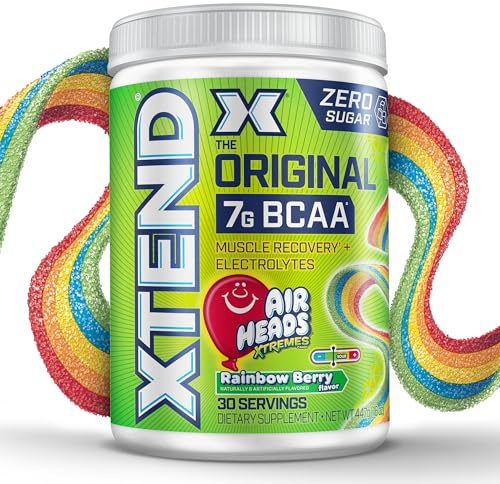 Xtend Original BCAA Powder, 7g BCAAs and 2.5g L-Glutamine for Muscle Recovery, Hydration, and Lean Muscle, Sugar Free Intra and Post Workout Drink, Airheads Xtreme Rainbow Berry, 30 Servings