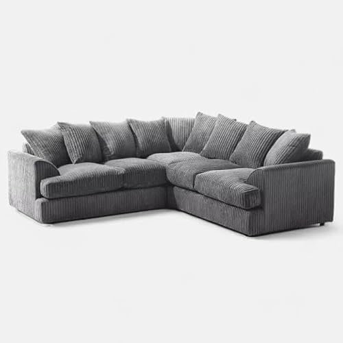 Fergasun 5-Seater Jumbo Cord Corner Sofa Grey, Corduroy Fabric + Footstool (5 SEATER)