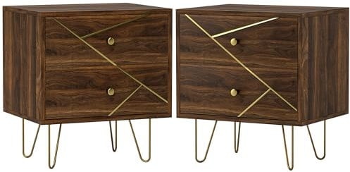 HOMCOM Bedside Tables Set of 2, Modern Side Table Set with 2 Drawers and Steel Hairpin Legs, Nightstand for Bedroom, Brown Wood Grain