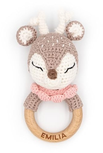 Muckelmeister Greifling personalisiert mit Namen - Holz Beißring Baby gehäkelte Tiere - Babyrassel - Babygeschenke zur Geburt für Mädchen/Jungen - kleine Geschenke für Neugeborene - Reh rosa