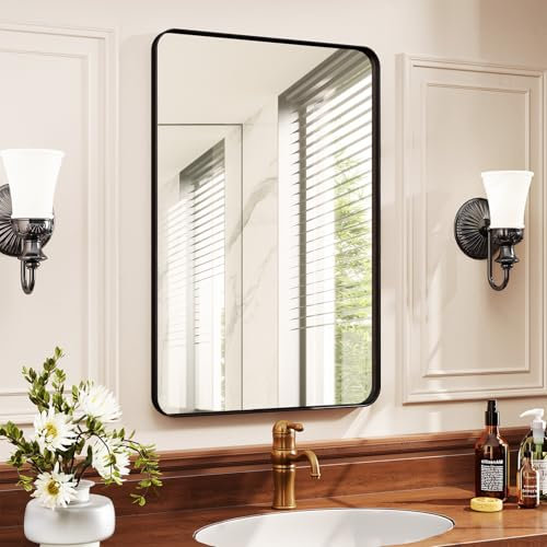 Clevich Tiefer Rahmen Wandspiegel, 90x60cm Luxus Rechteckiger Badezimmerspiegel, gehärtetes Glas, mit Schwarz gebürstetes Aluminium Rahmen, für Badezimmer, Wohnzimmer, Schlafzimmer, Wanddekoration