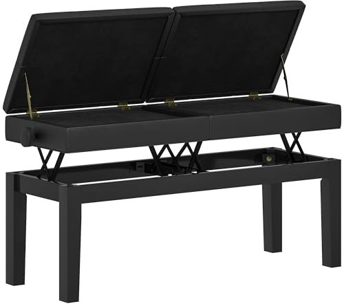 HOMCOM Banc de Piano réglable en Hauteur, Tabouret de Piano avec Rangement, Banquette pour Clavier capitonné, Pieds en Bois d'hévéa, Noir