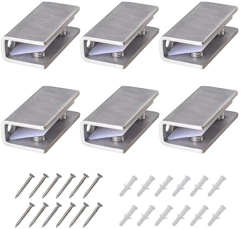 6 Stück Glashalter Edelstahl 304, Verstellbare Glasklemme, Glasregal Halterung Edelstahl Glashalter Glasklemmen Gebürstet Fertig mit Schrauben und Kunststoffeinsatz für 8-12 mm Dicke Glas (6, Silber)
