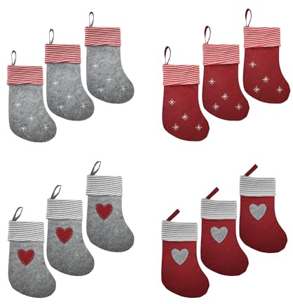 12er Set Weihnachtsstrümpfe 29cm – Nikolausstiefel aus Filz in Rot & Grau – Weihnachtsdeko zum Befüllen, Adventskalender, Geschenkverpackung & Kamin Deko