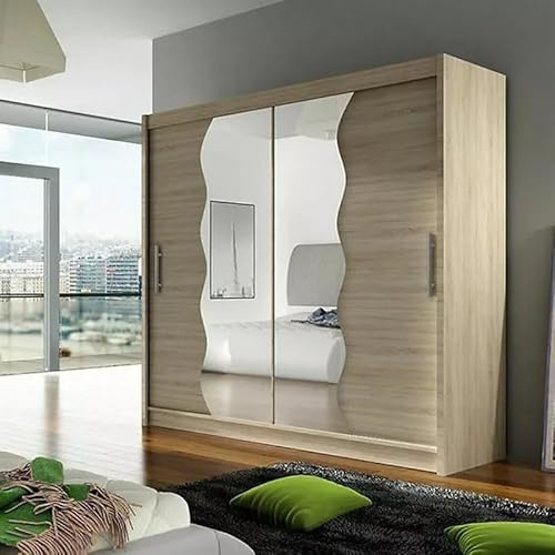 Agritrade AK BEGA X180 Wardrobe 180cm with Sliding Doors Mirro Hanging Rail Shelves Modern Bedroom Storage Sonoma