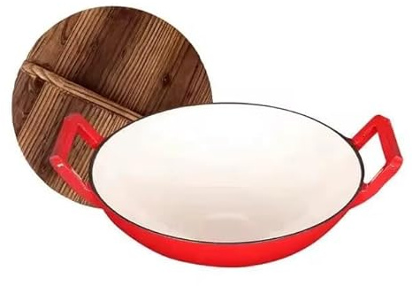 Emoré 35cm Cast-Iron Casserole Wok Pan – 6.5L Deep Stir-Fry & Stew with Lid (Non-Stick Enamel Coating, Gas/Induction Compatible) (Wooden Lid)