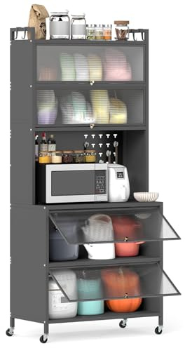 COSTWAY Meuble Cuisine Rangement 6 Niveaux, Etagere Rangement Cuisine en Fer, Portes Battantes, Panneau Perforé, 10 Crochets, Armoire à Roulette, Support Micro-Ondes (80 x 40 x 182 cm,Gris)