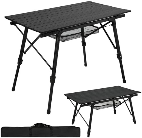Treeboy Camping Tables That Fold up Camping BBQ Table with Storage 90×53cm | Aluminium Adjustable Height Lightweight Black Picnic Table with Carry Bag for Camp Kitchen Camping Cooking Beach Fishing