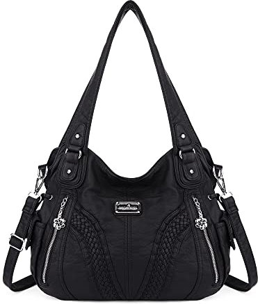 Angelkiss Women Top Handle Satchel Handbags Shoulder Bag Messenger Tote Washed Leather Purses Bag (BLACK) …