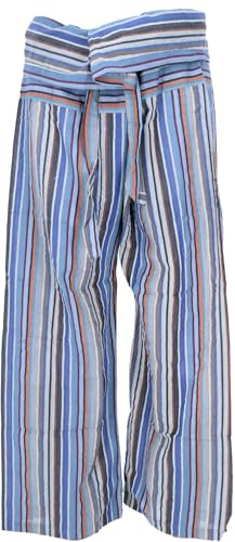 Fischerhose aus gestreift gewebter Baumwolle, Wickelhose, S/M taubenblau | Weit geschnitten, angenehmer Baumwollstoff, regulierbare Länge, praktische Hosentasche, ideal für Yoga und Freizeit