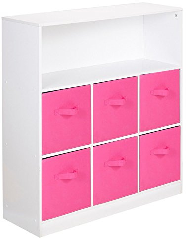 URBNLIVING White Wide 7 Cube Bookcase + 6 Dark Pink Non Woven Drawers