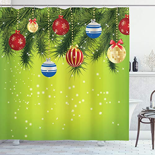 ABAKUHAUS Weihnachten Duschvorhang, Hängende Verzierungen, Stoffliches Gewebe Badezimmerdekorationsset mit Haken, 175 x 200 cm, Lindgrün Rot