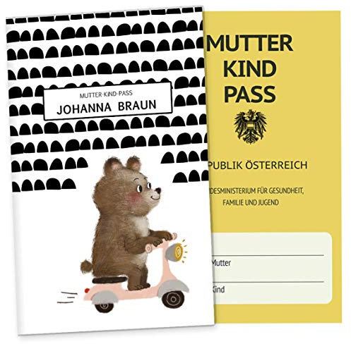 OLGS Mutter-Kind-Passhülle Österreich Super Strange - Personalisierte 3-teilige Schutzhülle, Schwangerschaftsgeschenk, Bär Design
