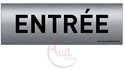 AUA SIGNALETIQUE - Plaque de porte Aluminium brossé imprimé AluSign Texte - 150x50 mm - Double Face adhésif au dos (Entrée)