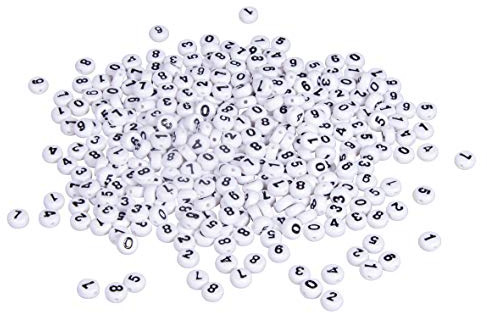 Rayher 16056102 Plastik-Zahlen-Perlen, weiß, rund, 6 mm ø, beidseitig schwarze Zahlen 0-9, 40 g (ca. 350 Stück), Speichel und Schweißecht, Perlen für Schmuck und zum Basteln