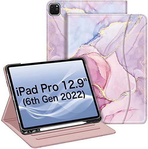 FINTIE Custodia compatibile con iPad Pro da 12,9 pollici (2022/2021/2020/2018, 6a/5a/4a/3a generazione), custodia intelligente multi-angolo con portapenne e tasca, spegnimento automatico, marmo