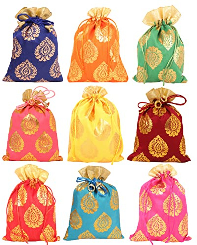 Touchstone Drawstring Bags Traditional Indian Handcrafted in Ficus Leaf Pattern Brocade fabric. Perfect for Gifts Jewelry Weddings Sweet Distribution Set of 9 Vibrant Multicolor Pouches Purses Potli.