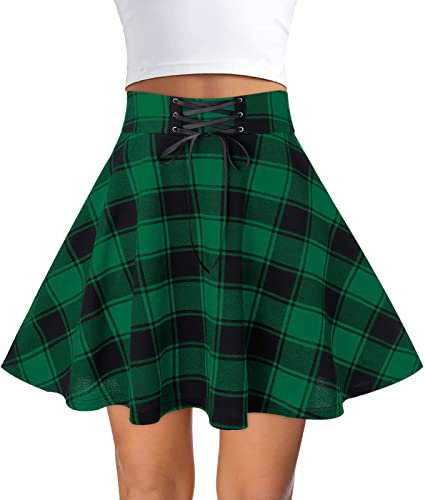 FEOYA Jupe Courte à Carreaux Femme Fille Jupe Ecossaise Taille Haute Gothique Jupes Tartan Évasée Plissée Harajuku Patineuse Tennis Kilt Mini Écolière College Basique Vintage Rétro à Lacets A Vert M