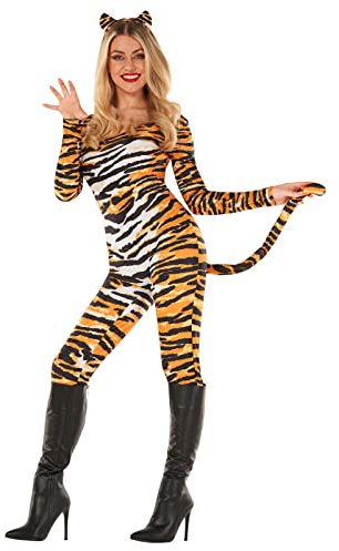 Morph Tiger Costume Adult Women Orange Tiger Print Bodysuit Catsuit Dress Halloween Costume Accessories, Small