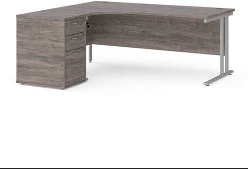 Office Monster Cooper left hand ergonomic desk 1800mm with silver cantilever frame and desk high pedestal - grey oak