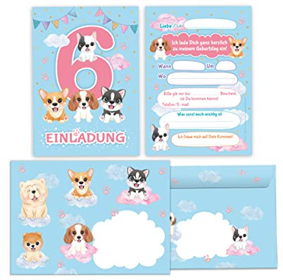 Junapack 12 Einladungskarten incl. 12 Umschläge zum 6. Kindergeburtstag Einladung zum sechsten Geburtstag Mädchen Hunde