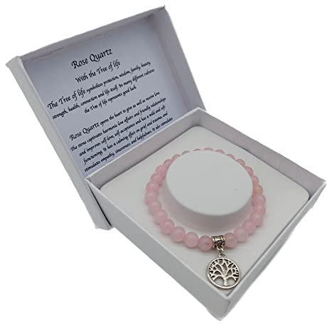 Handgefertigtes Rosenquarz Edelstein Armband mit Anhänger Yggdrasil Lebensbaum in Geschenkbox