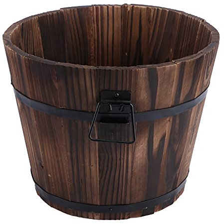 DOITOOL Barils de Whisky en Bois Seau Planteur de Fleurs Rustique Pots de Fleurs Boîtes Récipient Poignée Souhaitant Puits Seau Patio Jardin Arrière-Cour Primitive Extérieur
