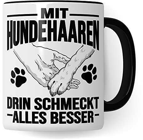 Hunde Tasse Geschenk, Mit Hundehaaren drin schmeckt alles besser Geschenkidee Hundebesitzer Kaffee-Becher Kaffeetasse Teetasse Hundehalter Hund Tasse mit Spruch lustig (Weiß/Schwarz)