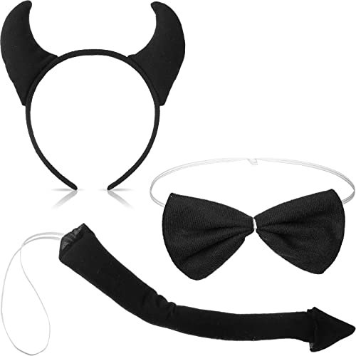 Xinnun 3 Stück Teufelshörner Kostüm Set Teufelshörner Haarreif Teufelsschwanz und Teufel Fliege Halloween Cosplay Accessoires für Damen Karneval Party Verkleidung(Schwarz)