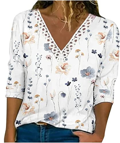 Elegante Spitzenbesatz Bluse für Damen Spitzennähte Langarmshirt Modisches Blumendruck T-Shirt Dreiviertelärmel/Langarm Oberteile V-Ausschnitt Pullover Locker Bluse Tops Partywear S-5XL