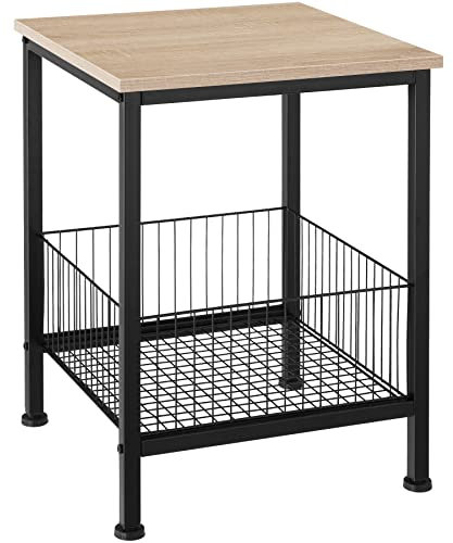 tectake Beistelltisch mit Gitterkorb, Nachttisch im Industrie-Design, 40 x 40 x 55,5 cm, 2 Ebenen, für Wohnzimmer Schlafzimmer Büro, Holz, schwarzes Metallgestell (Industrial Holz hell, Eiche Sonoma)