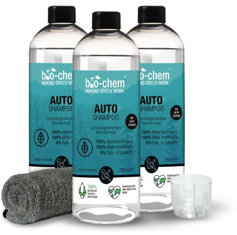 bio-chem AutoShampoo biologisch abbaubar – 3x 750 ml inkl. Flausch-Tuch – pH-neutrales Konzentrat – Kraftvoll gegen Schmutz, schonend zum Lack – greift Wachs-Versiegelung nicht an - Made in Germany