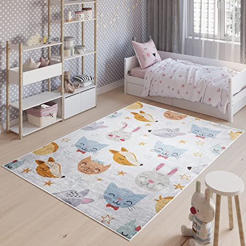 TAPISO Emma Teppich Waschbar bei 30 Grad Grau Bunt Tiere bedruckter Kinderteppich Antirutsch Kinderzimmer Jugendzimmer Modern ÖKO-TEX 120 x 170 cm