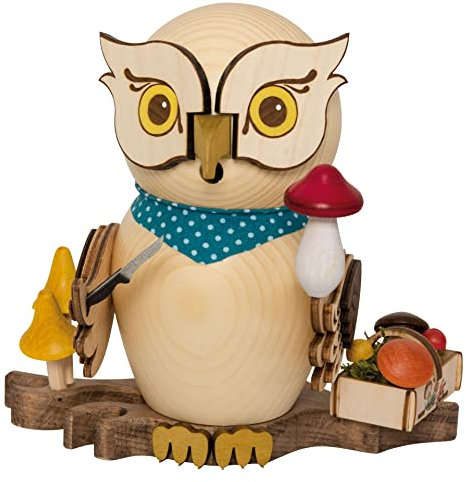 Drechslerei Kuhnert Rauchfigur/Räucherfigur - Eule Pilzsammler aus Massivholz - ca. 15 cm - Made in Germany