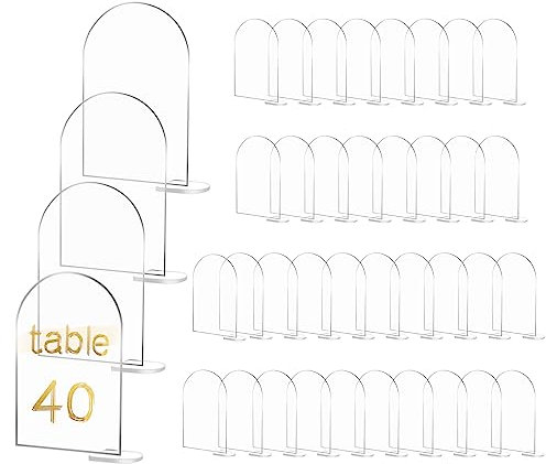 DBREAKS Bogen-Acrylschild, 40 Stück Transparentes Hochzeit Tischnummern, Acryl Sitzkarten mit Halter, Empfang Acrylplatten Tischkarten für Hochzeit, Party, Abendessen, Geburtstag, Kaffeemenü-Schilder