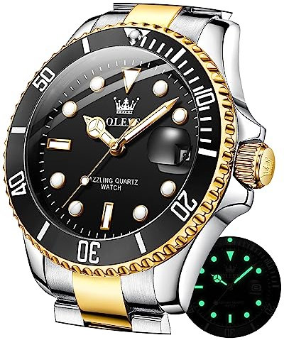 OLEVS Uhren für Herren, klassisch, Datum, Business-Kleid, luxuriös, großes Zifferblatt, grün/schwarz/blau, wasserdicht, leuchtende, Analoge zweifarbige Edelstahl Herren Armbanduhr