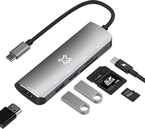 XtremeMac Hub USB-C Haute Performance pour MacBook, USB 3.0, Lecteur de Cartes SD/Micro, 4K HDMI & Type-C PD. Compatible avec Les Cartes mémoire SD, SDHC, SDXC, Space Grey